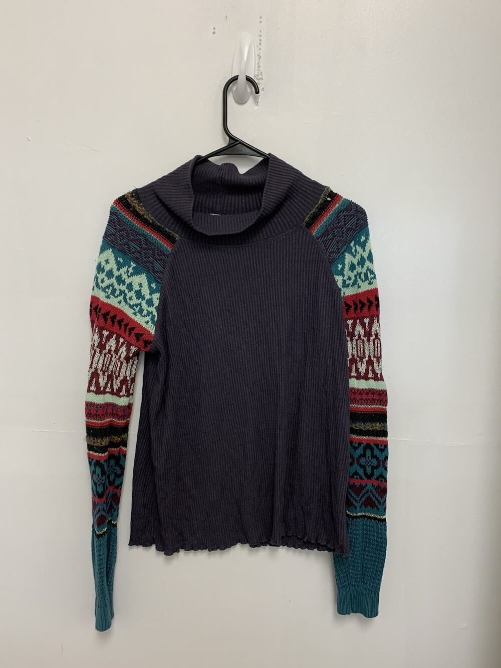 Free People Prism Swit Sweater Top Charcoal Combo fair isle thermal WOMENS M